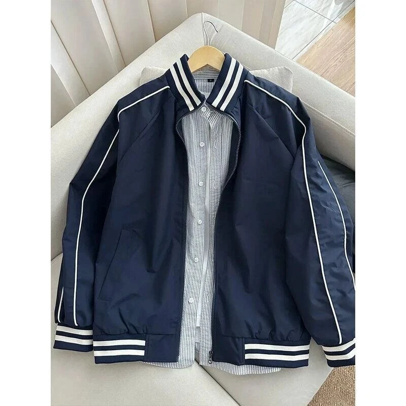 美式藏青色条纹棒球服外套男款cleanfit情侣痞帅高级感飞行员夹克