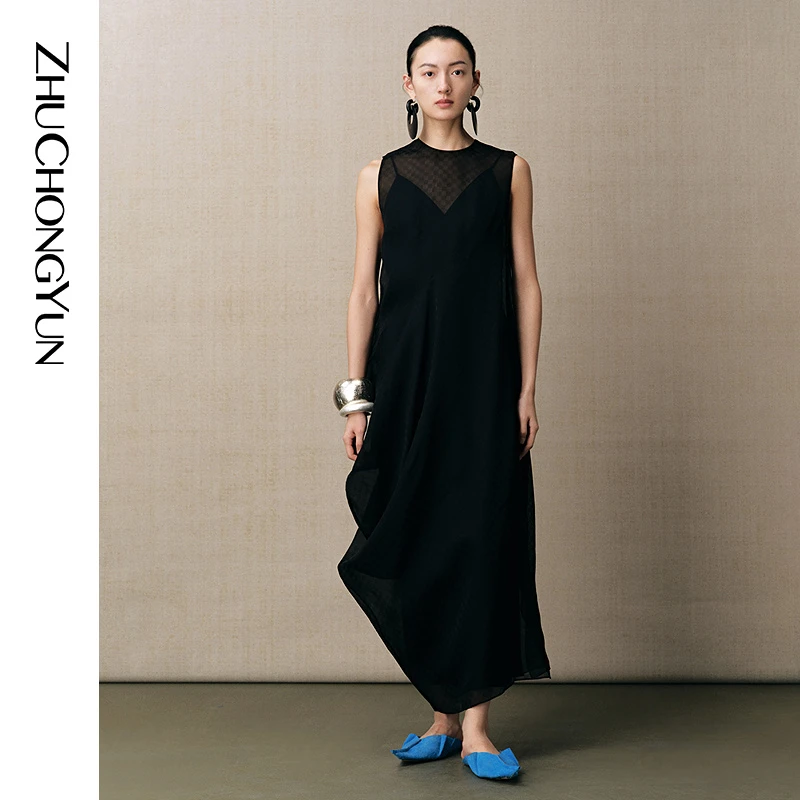 【大秀同款】ZHUCHONGYUN25夏新款棋盘格暗纹中式连衣裙C1FZ23126