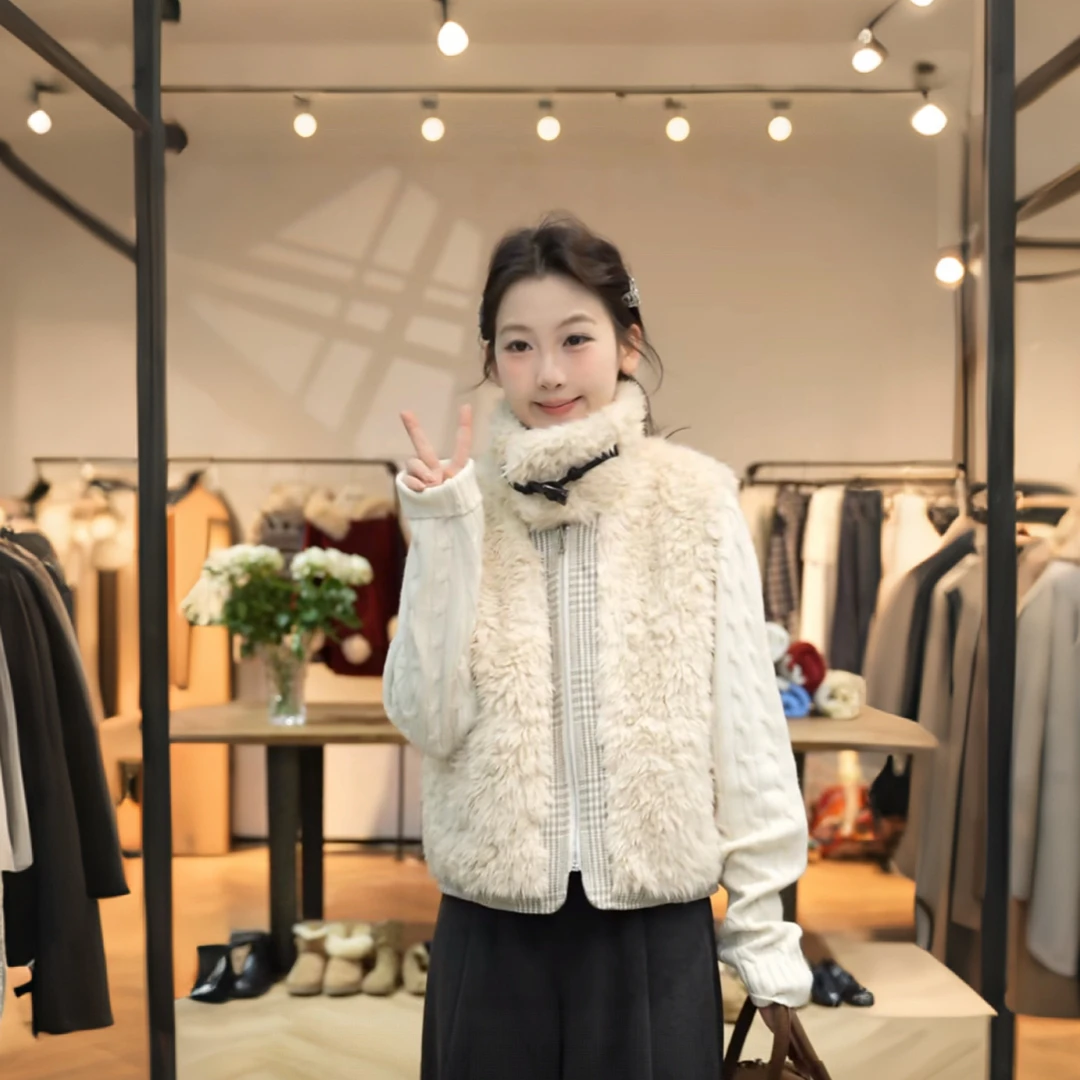 闵笑一【暖暖熊】新款温柔显瘦气质设计感休闲毛绒马夹上衣外套