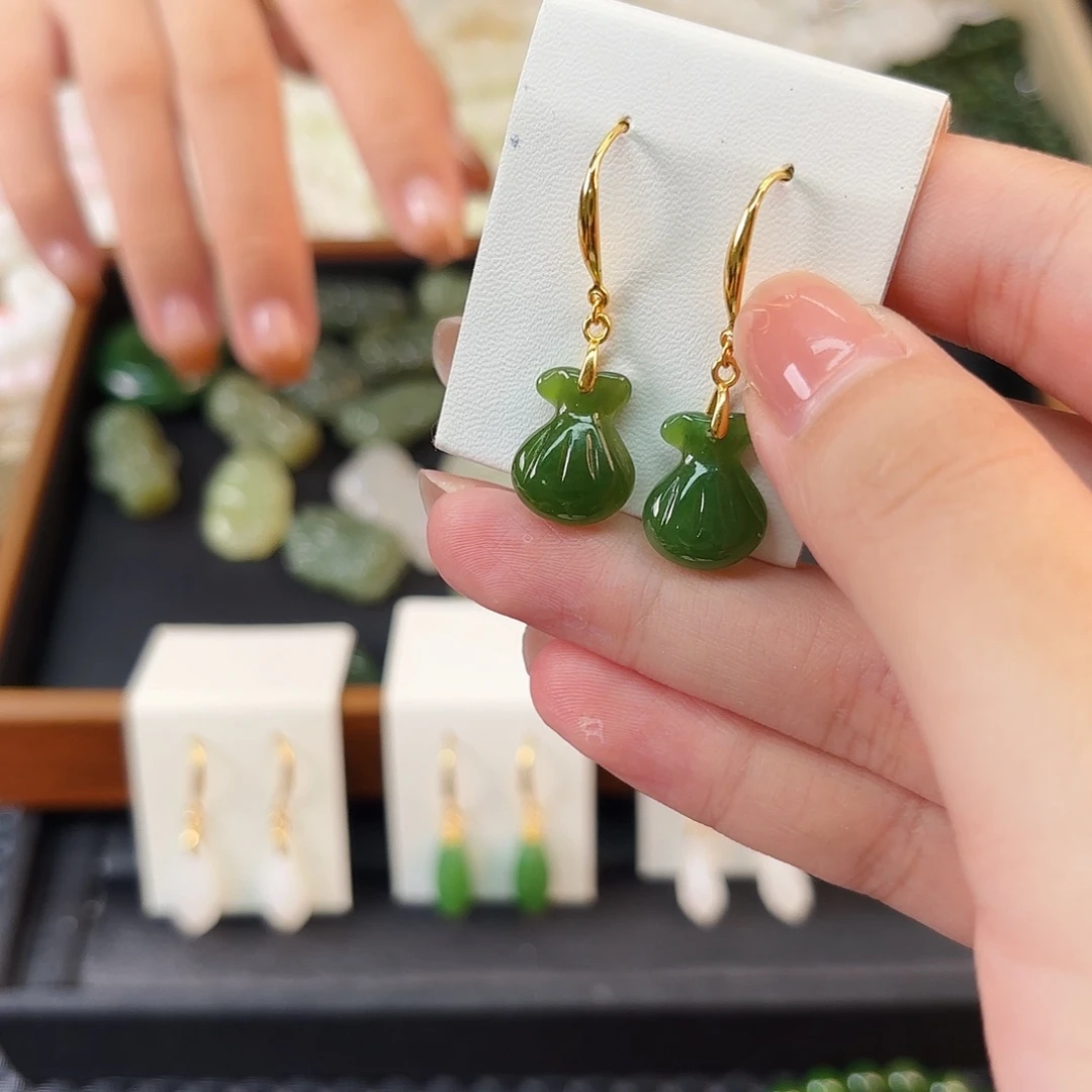 和田玉银S925镶嵌颈饰福袋耳环