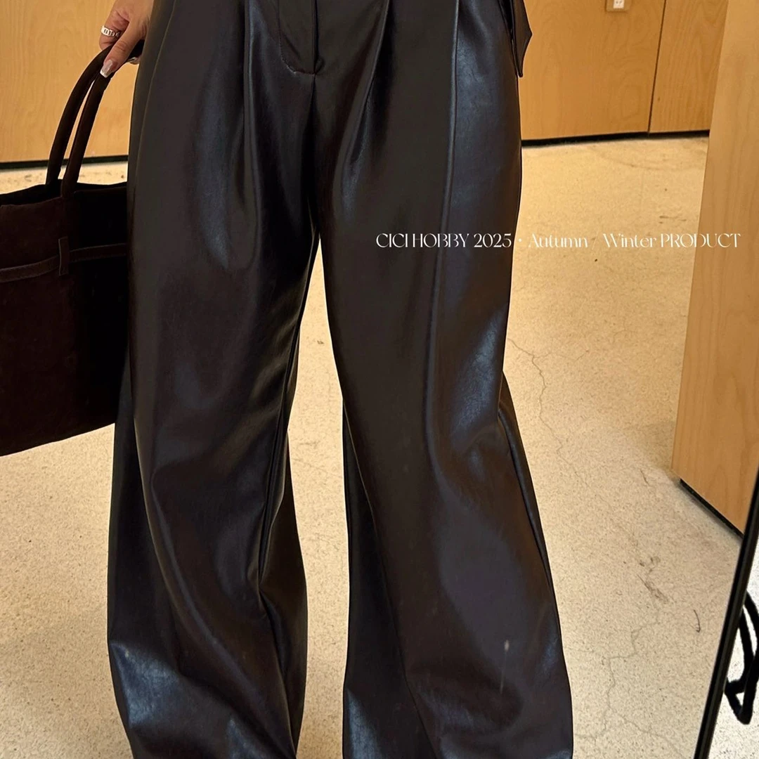蛋白Pu皮光泽感显瘦休闲通勤直筒阔腿皮裤