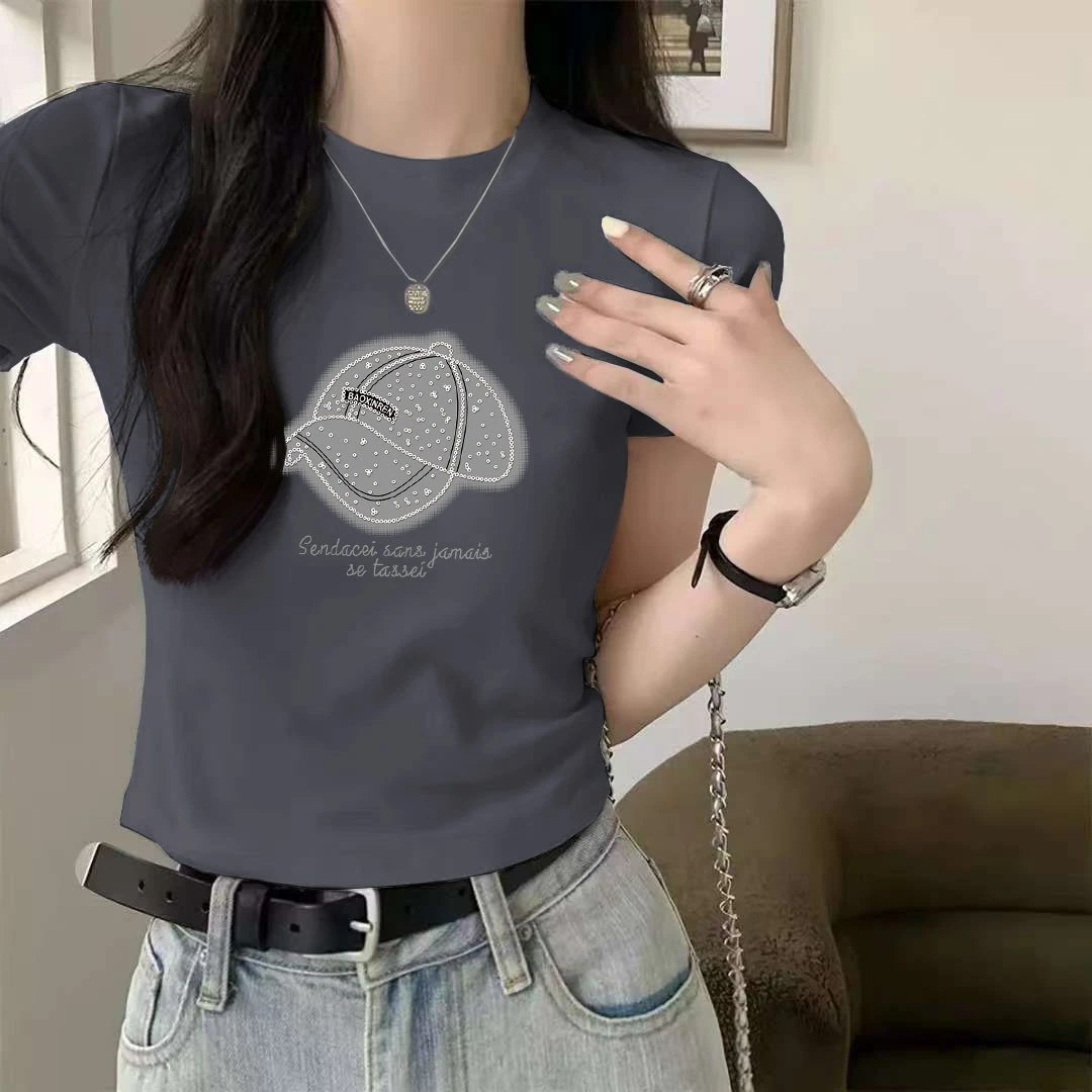 纯棉百搭印花显瘦短袖夏季薄款休闲短款上衣女2025新款圆领t恤衫