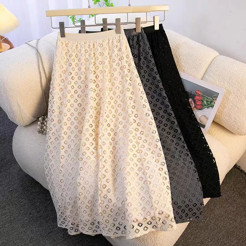 【镂空蕾丝裙】2025春季新款带钻小香风中长款高腰显瘦遮胯半身裙