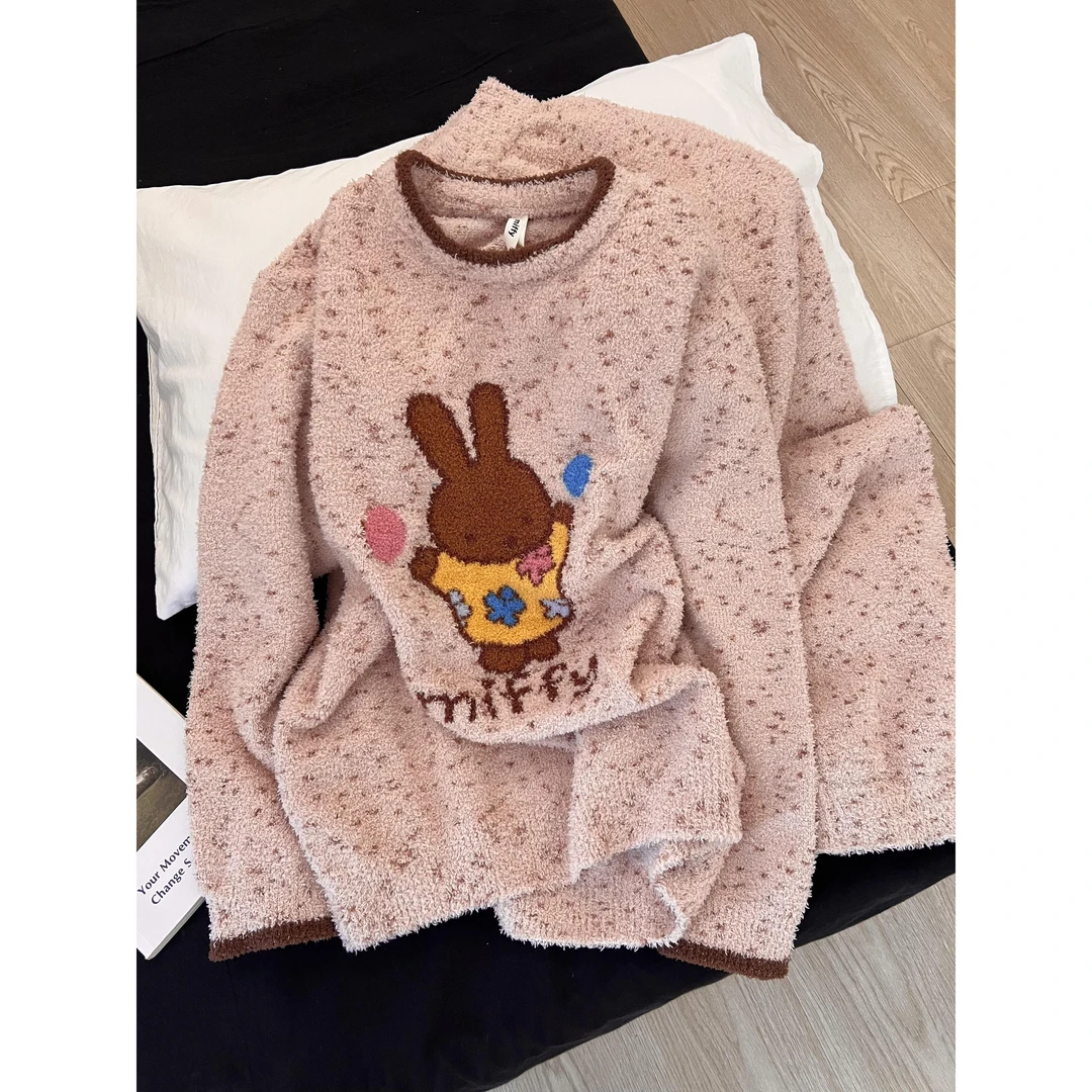 韩系可爱卡通小兔子半边绒睡衣女秋冬季新款宽松家居服套装可外穿