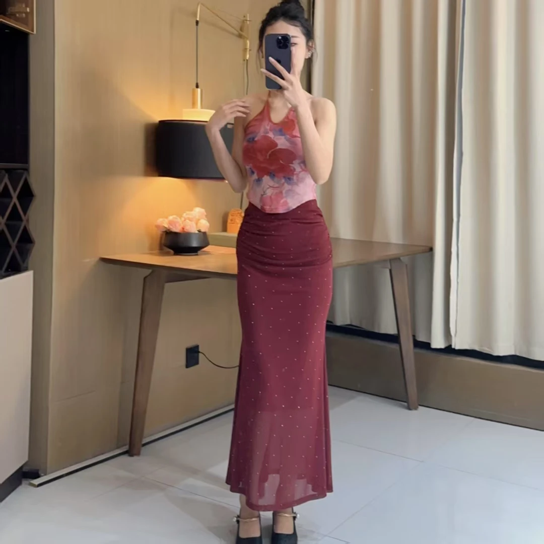 气质女人味轻奢时尚挂脖吊带无袖定位梨落枝绘修身百搭小上衣