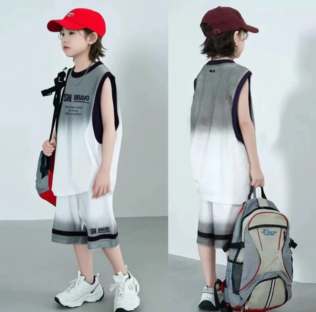 【冰感套装】触身即凉中大童夏季男童运动套装宽松篮球服背心两件套