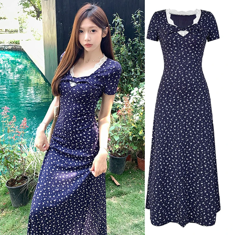 法式纯欲风蓝色V领碎花连衣裙子女2025夏季新款显瘦遮肉气质长裙