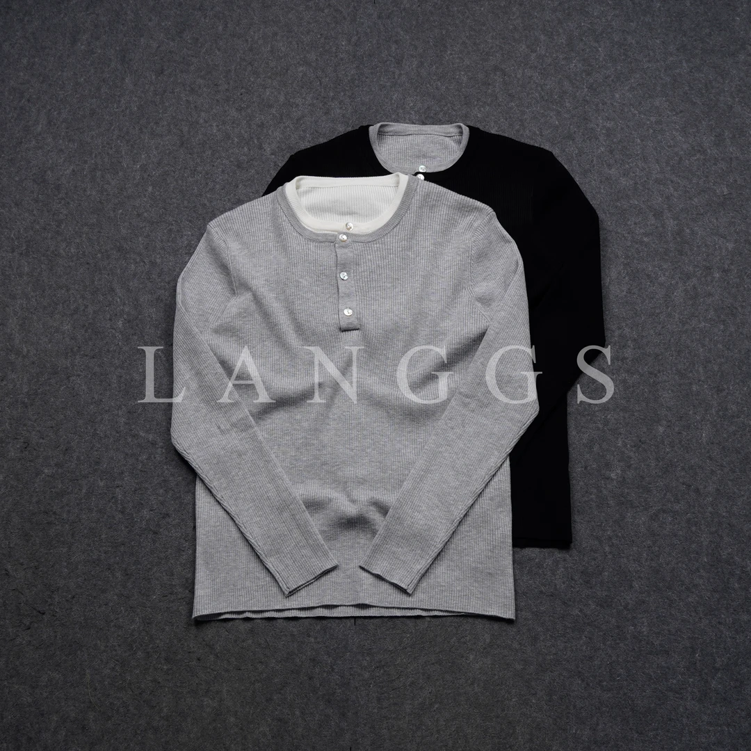 LANGGS&浪叔 春季休闲纯色假两件亨利领针织套头衫-7710