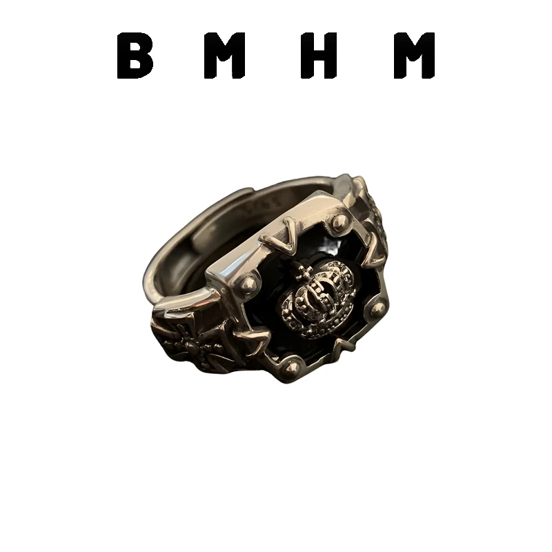 BMHM 铜合金戒指 独特设计十字黑皇冠开口戒指女时尚个性复古小众