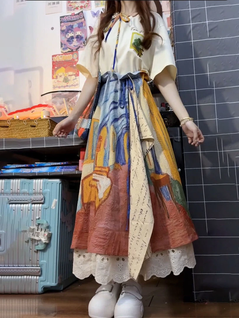 梵高油画风穿搭一整套不规则半身裙子搭配文艺复古短袖T恤女学生