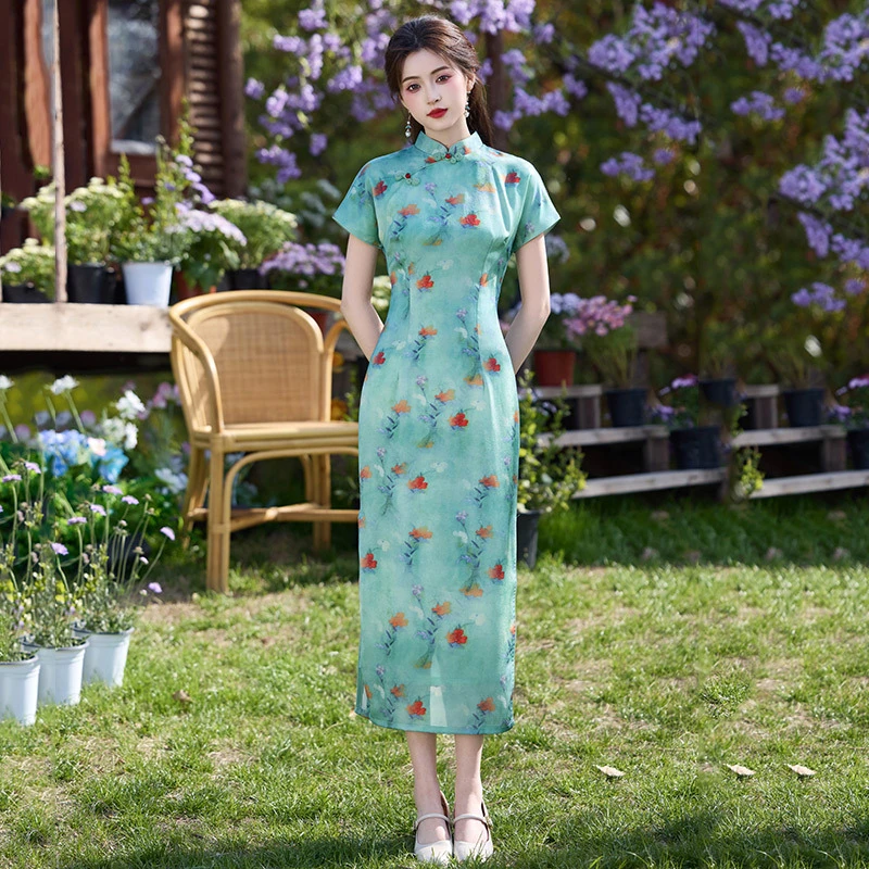 《25新款》夏季旗袍仲夏日常素雅冰丝长款高开叉连衣裙弹力修身走秀