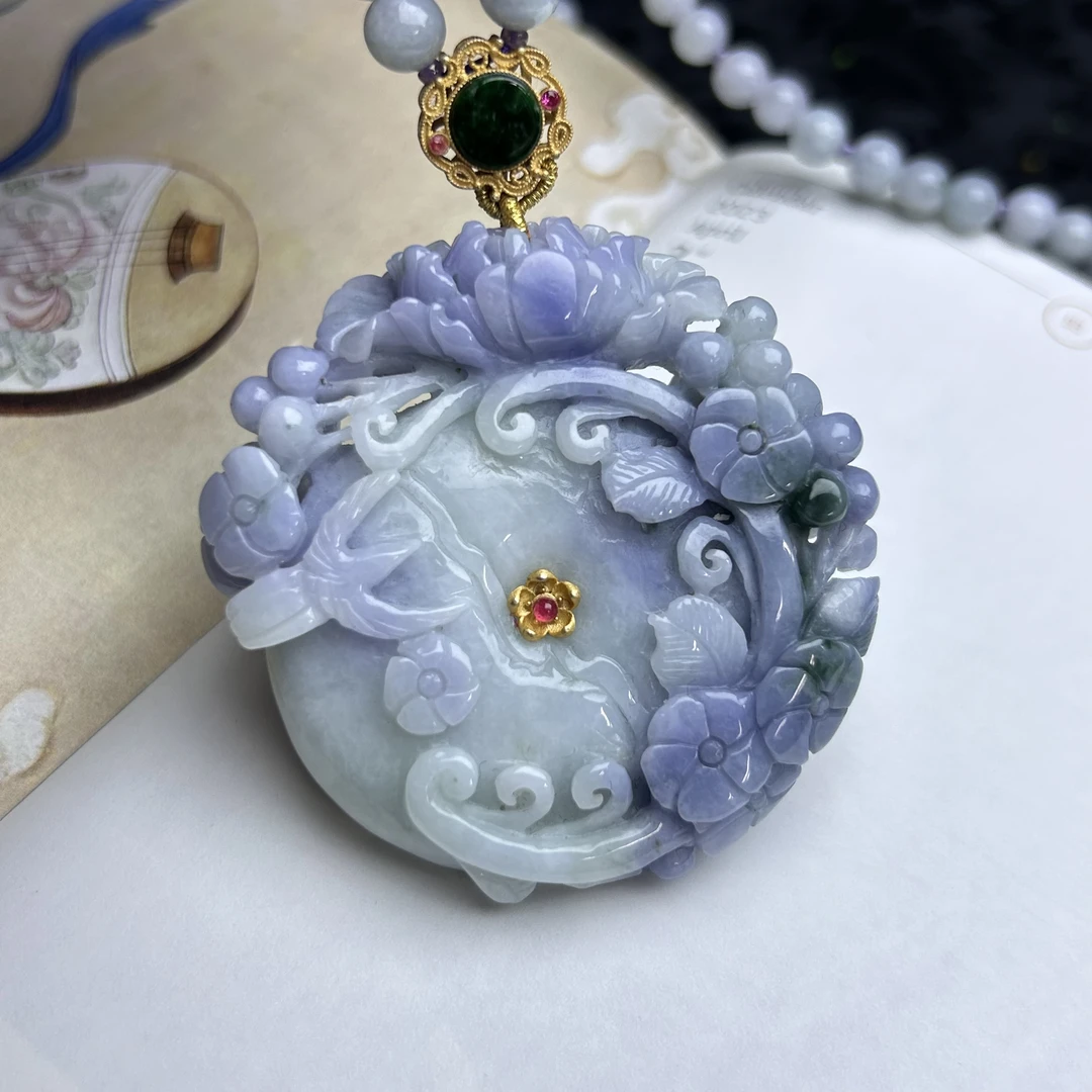 天然缅甸翡翠A货紫罗兰翡翠平安扣一路生花吊坠挂件国风时尚