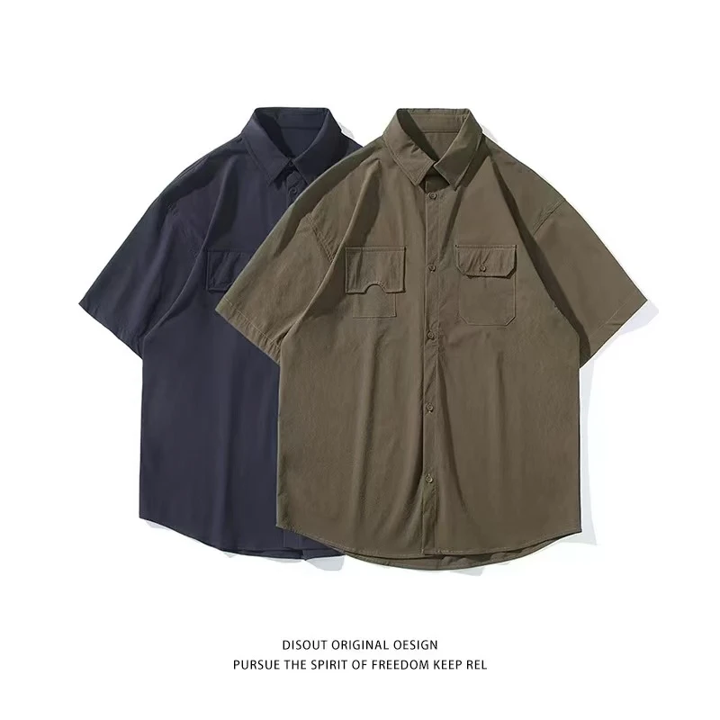 日系复古短袖衬衫男工装短夏季户外宽松痞帅休闲翻领衬衣-2999