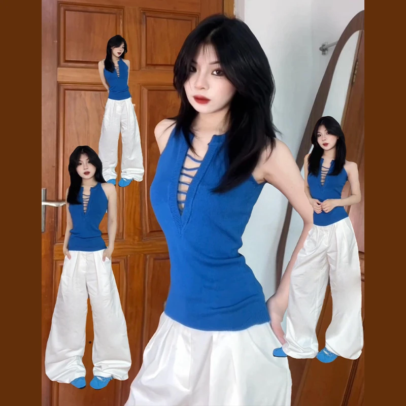 2025新款辣妹性感v领蓝色挂脖背心吊带女夏外穿高级感无袖上衣短