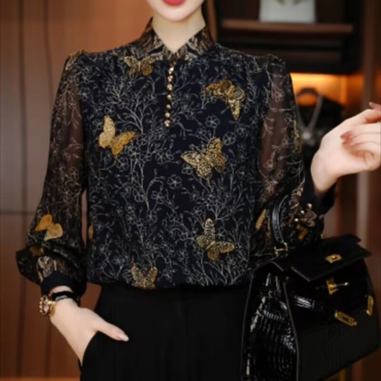 优雅高级感烫钻金蝴蝶免烫长袖立领套头衬衫女士2024秋款显瘦百搭