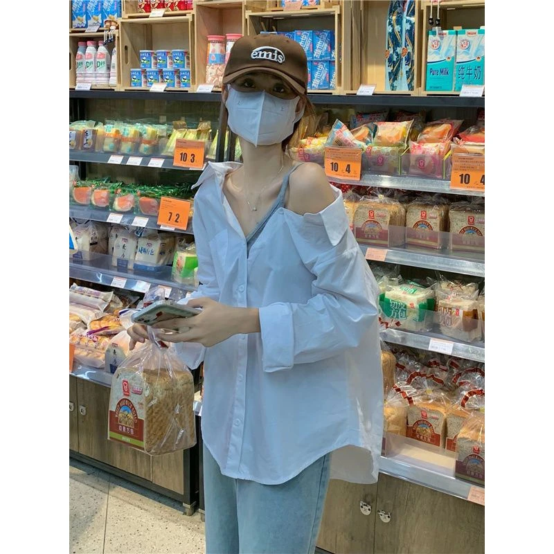 上身绝美！设计感一字肩吊带衬衣宽松长袖衬衫女法式小众百搭上衣