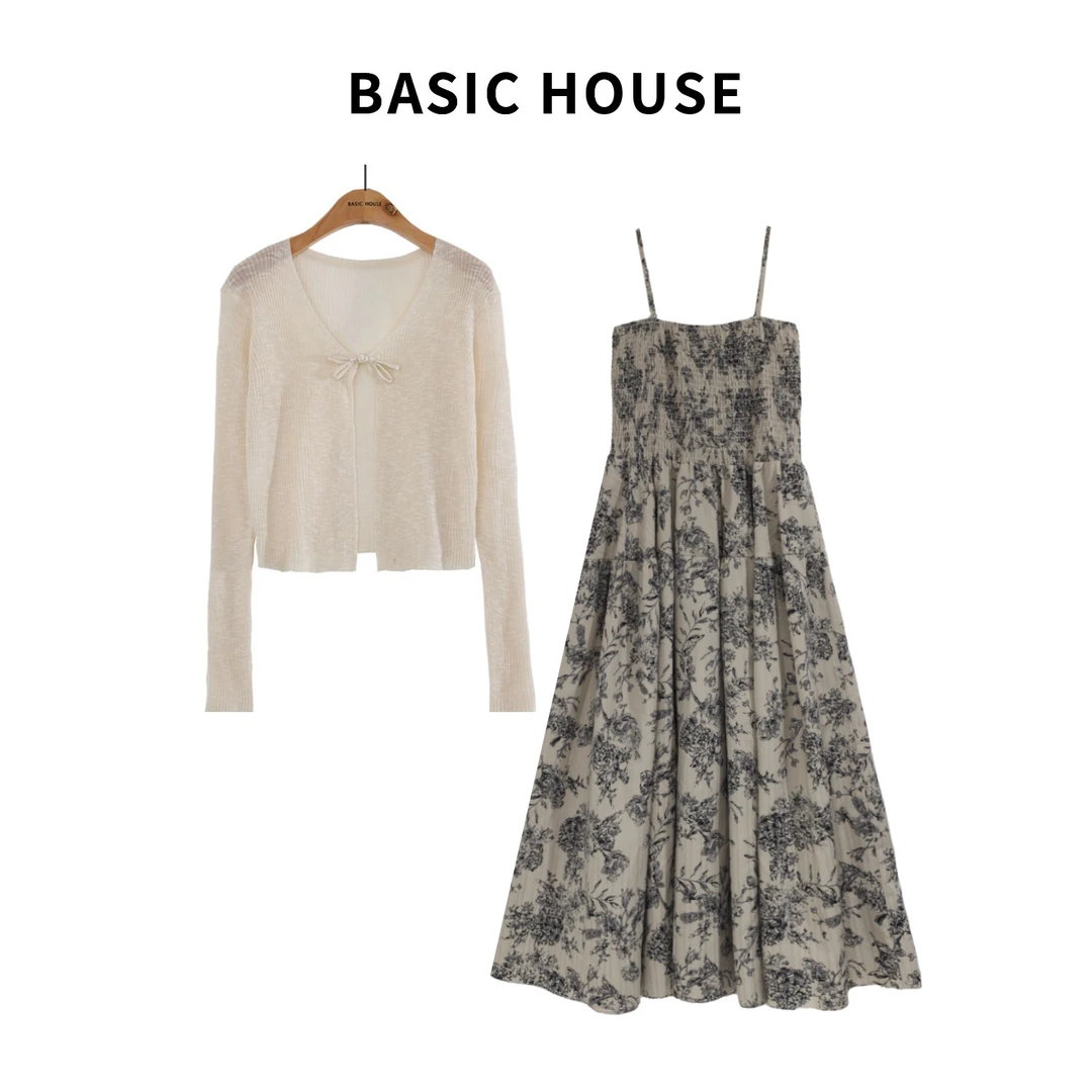 Basic House/百家好夏季碎花绑带气质显瘦连衣裙套装B1385B5HP52