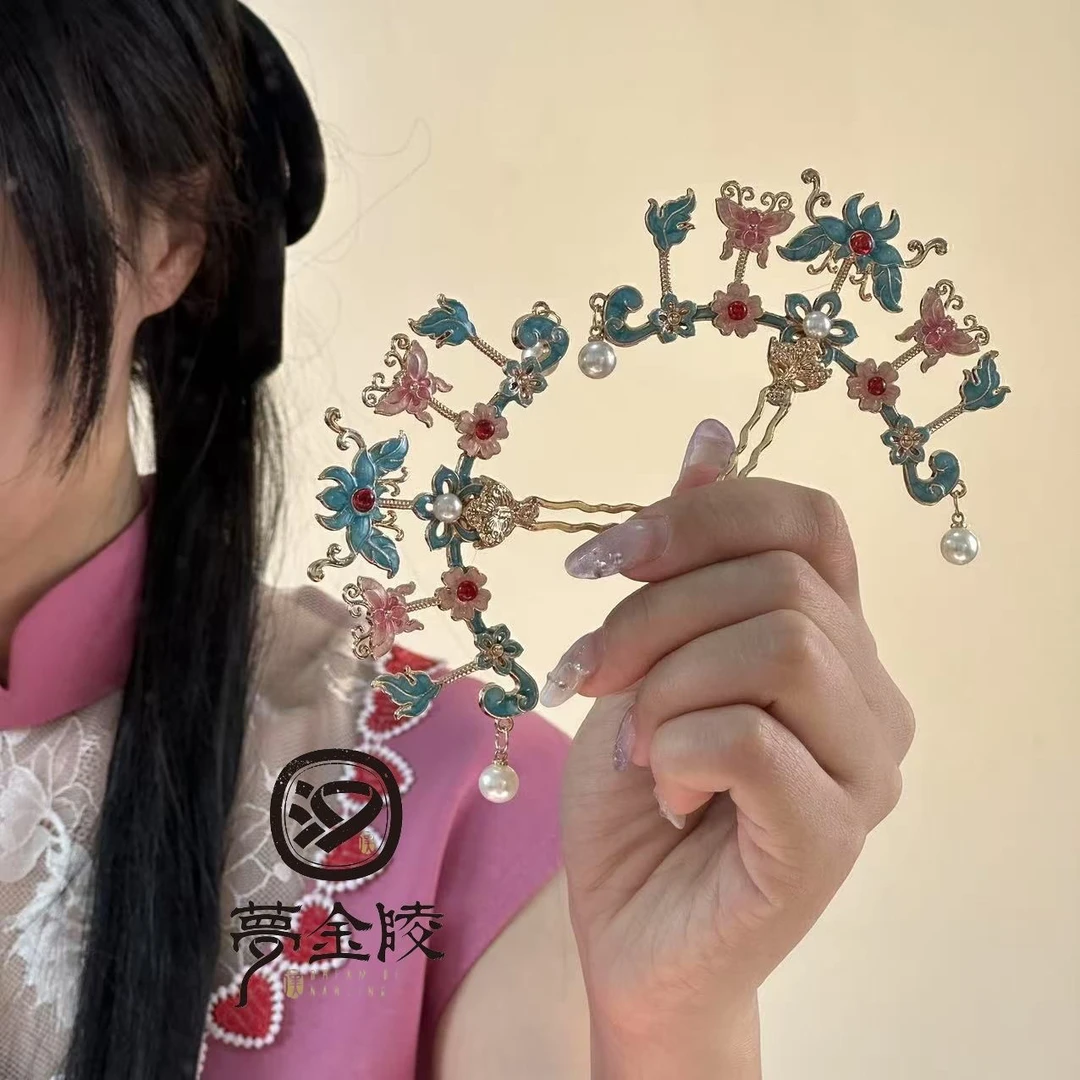 梦金陵粉蓝排簪原创排簪汉服景泰蓝发钗古风步摇簪子配饰发簪发饰
