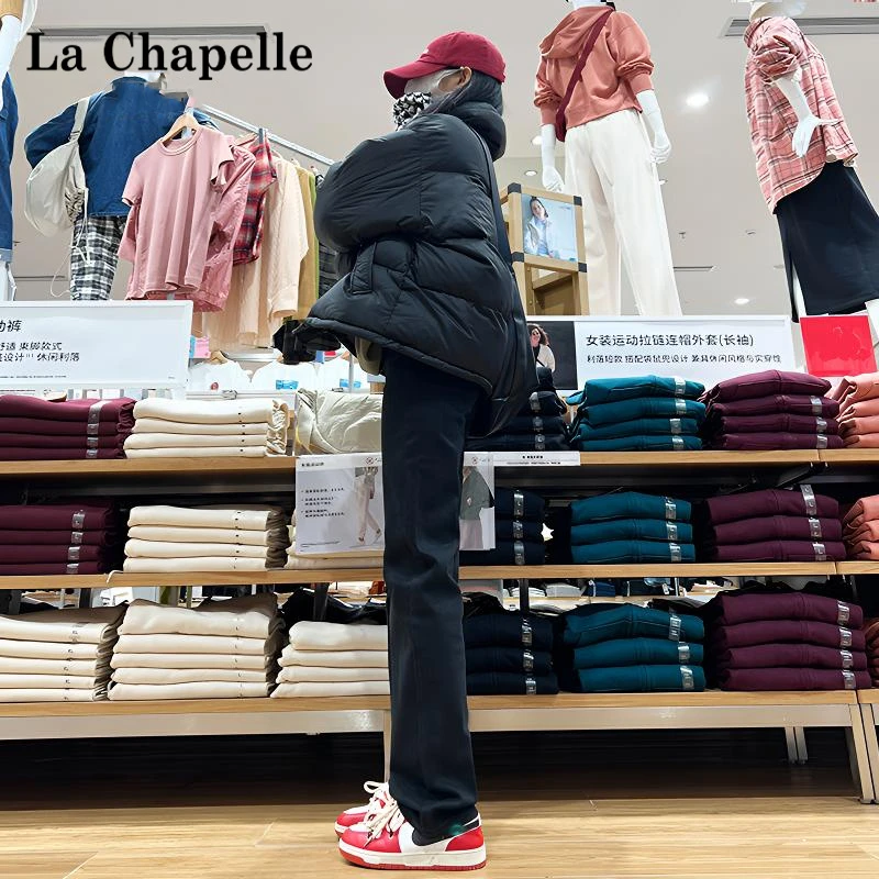 拉夏贝尔直筒裤女款爆款2025新款秋冬加绒裤子黑色显瘦百搭牛仔裤