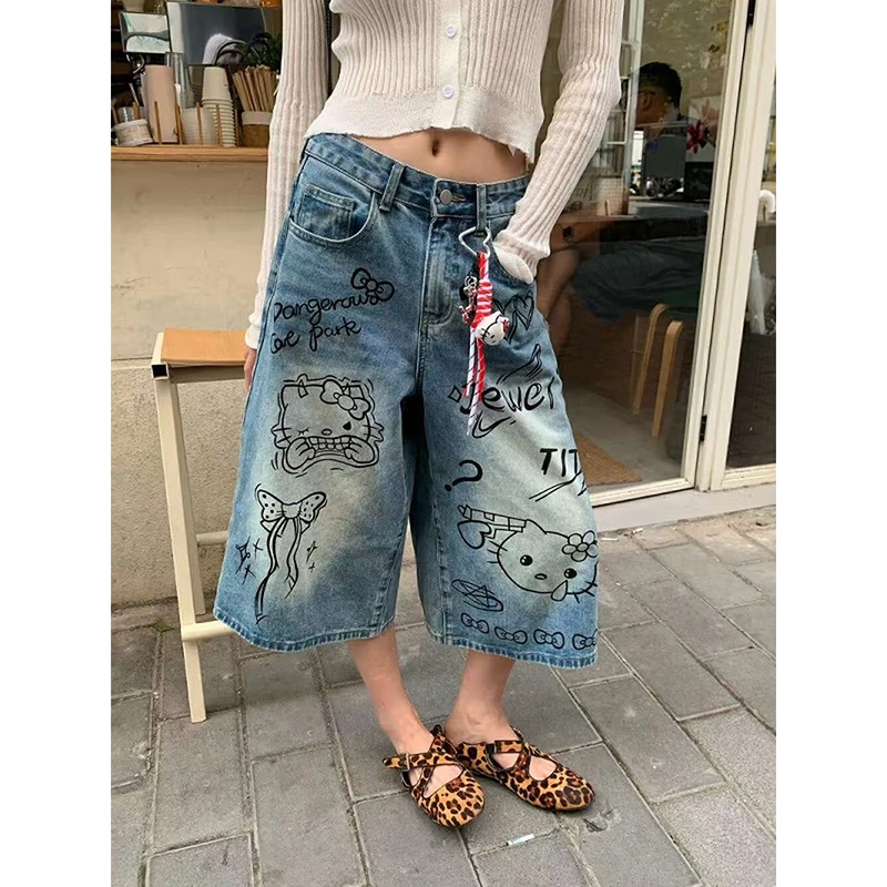 微胖mm辣妹kitt猫印花卡通牛仔七分裤女夏季新款宽松显瘦直筒短裤