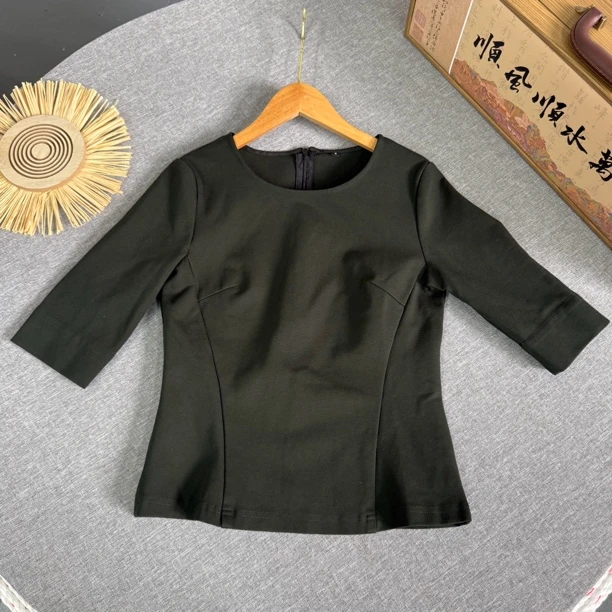 4921拼接绿色显瘦修身圆领百搭T恤