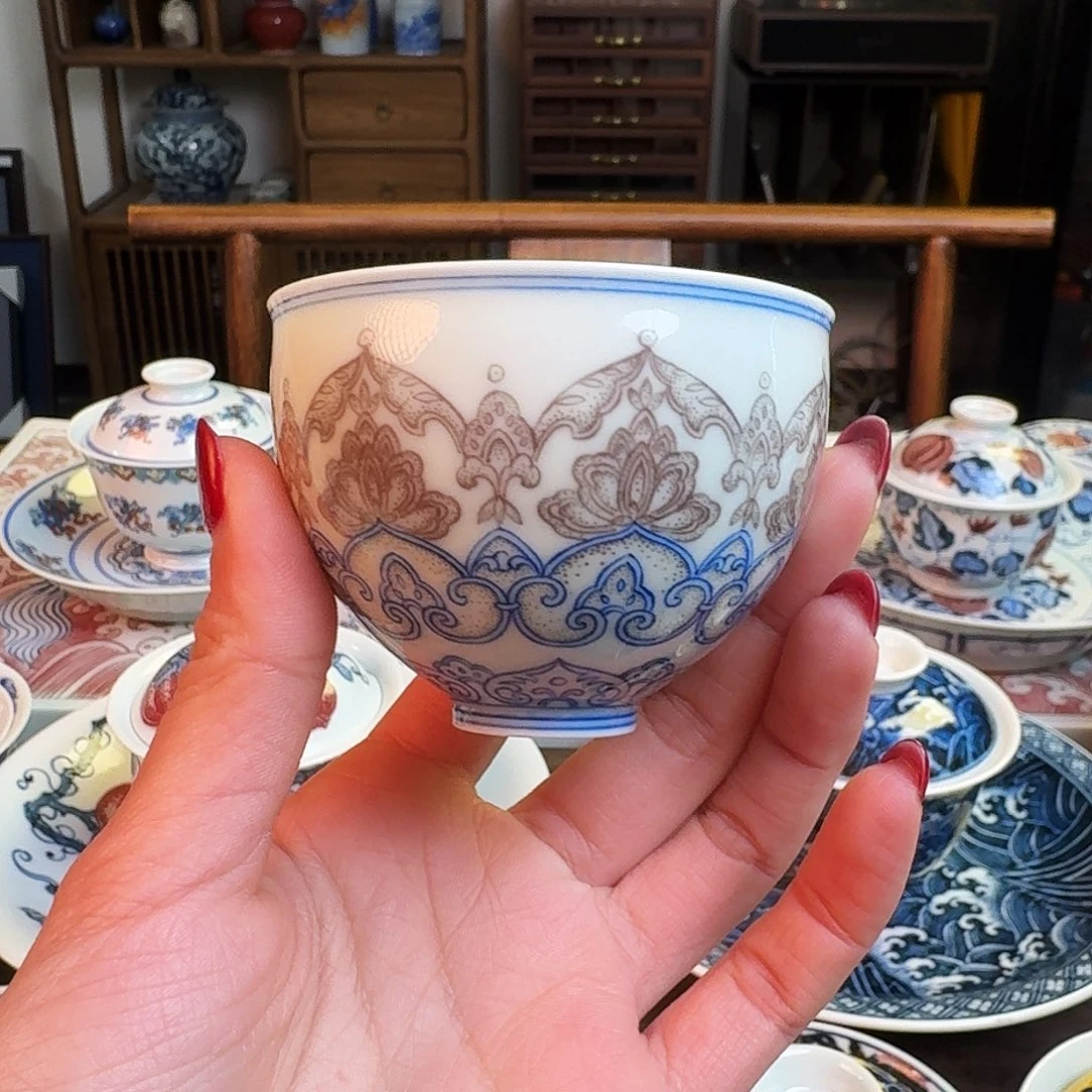 杯重工瑜器点工青花釉里红杯纯手绘