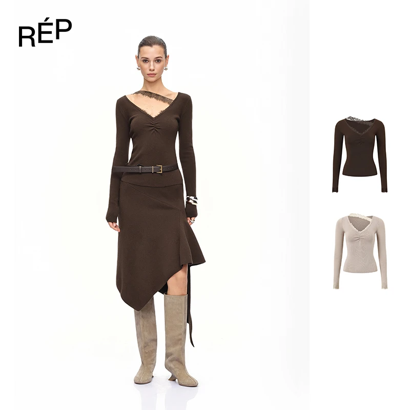 REP-CNLEEWEI设计师品牌深V拼接蕾丝毛织上衣 25FW新款