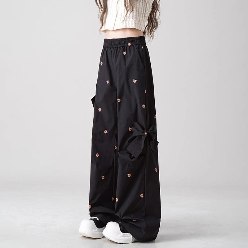夏季2025年黑色小熊印花工装裤女春秋新款立体蝴蝶结阔腿休闲裤子