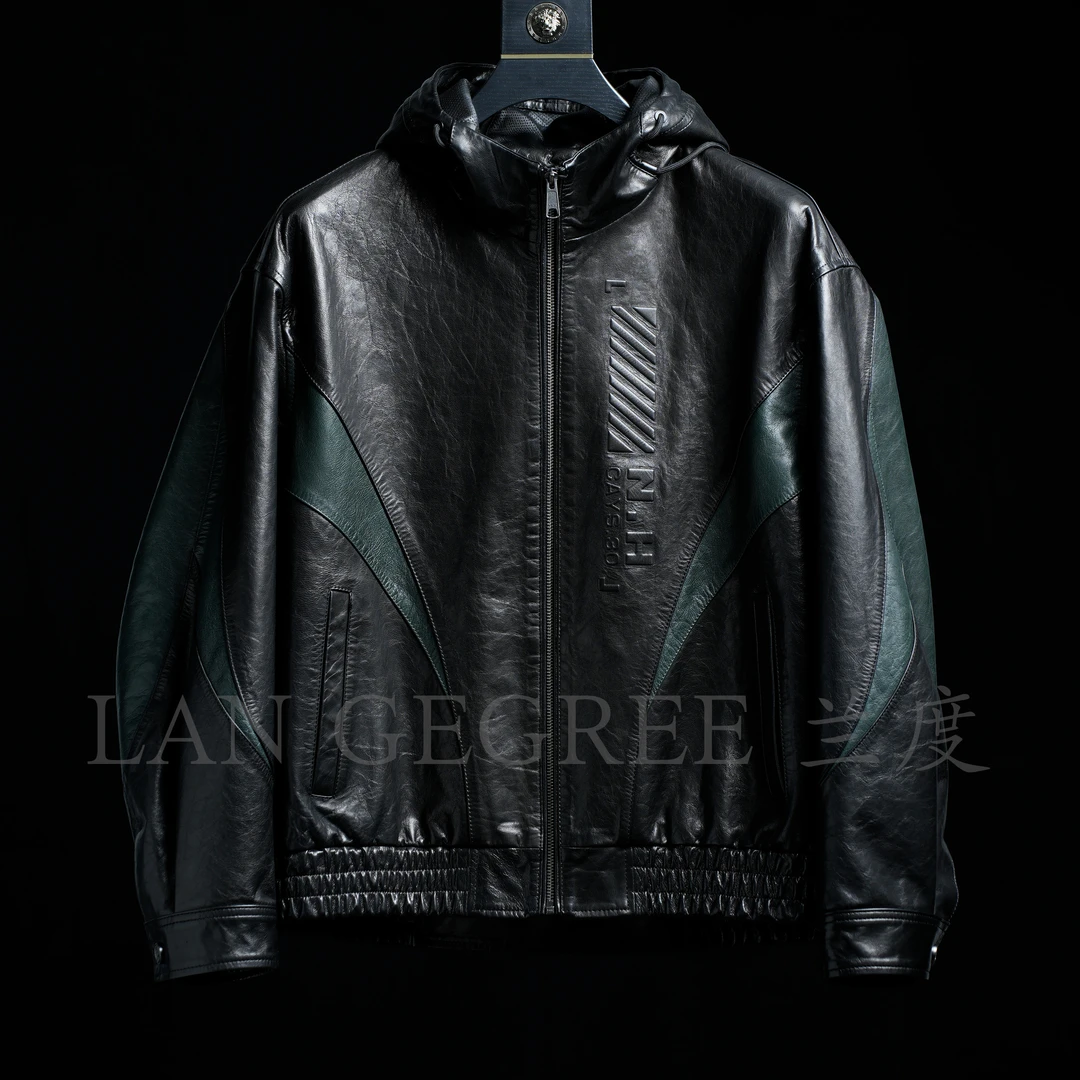 头层山羊皮轻奢男装真皮夹克时尚百搭男款连帽休闲潮牌高端秋冬