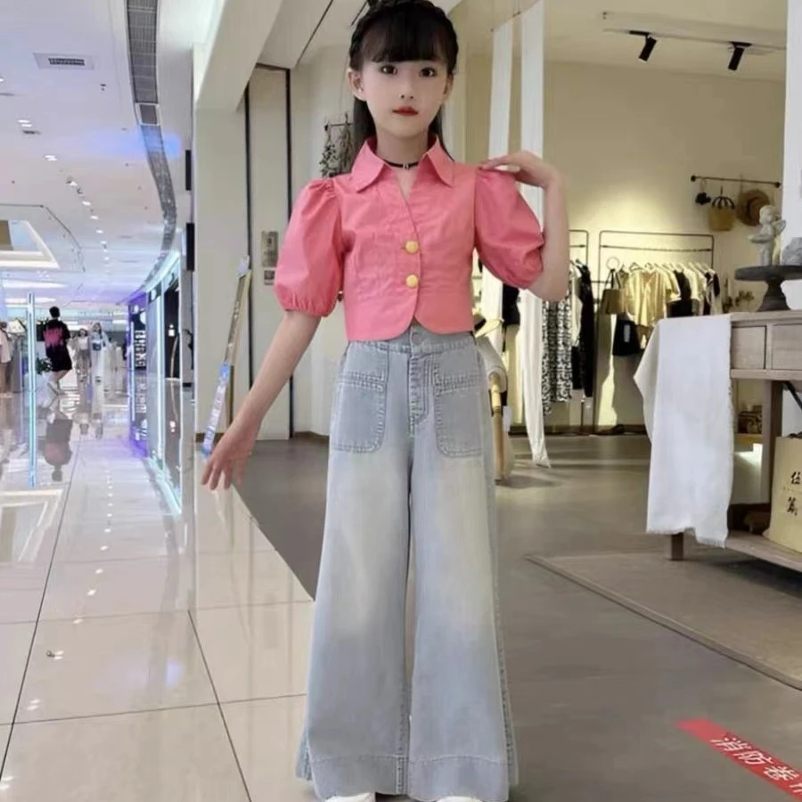 725法式翻领泡泡袖衬衫+夏季韩版女童牛仔裤
