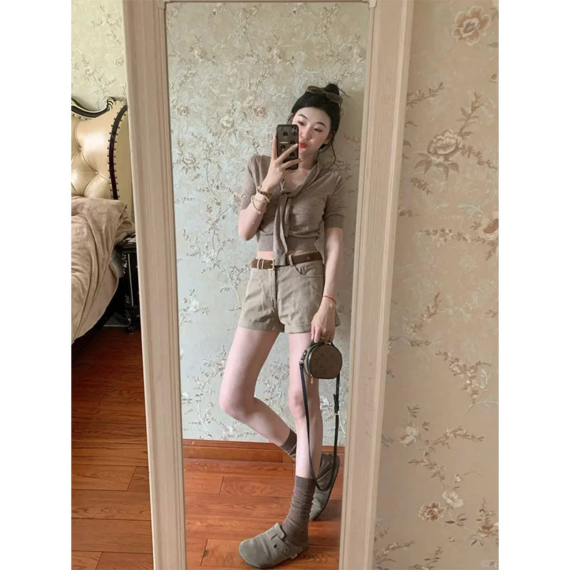 韩系气质慵懒风洋气正肩针织短袖绑带上衣高腰显瘦复古休闲短裤女