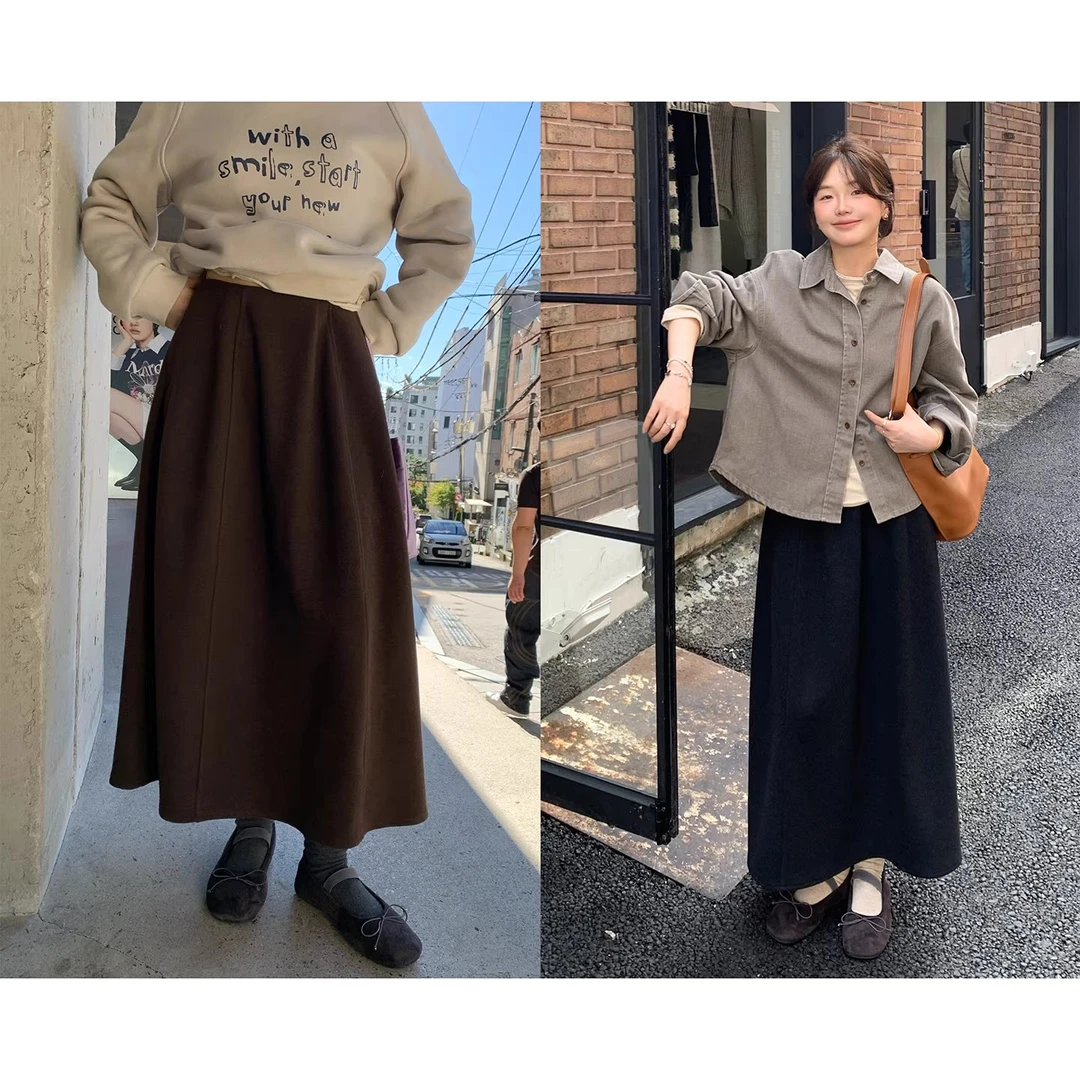 一三良品小个子 简约百搭显瘦松紧腰a字毛呢半身裙长裙子女T5A16