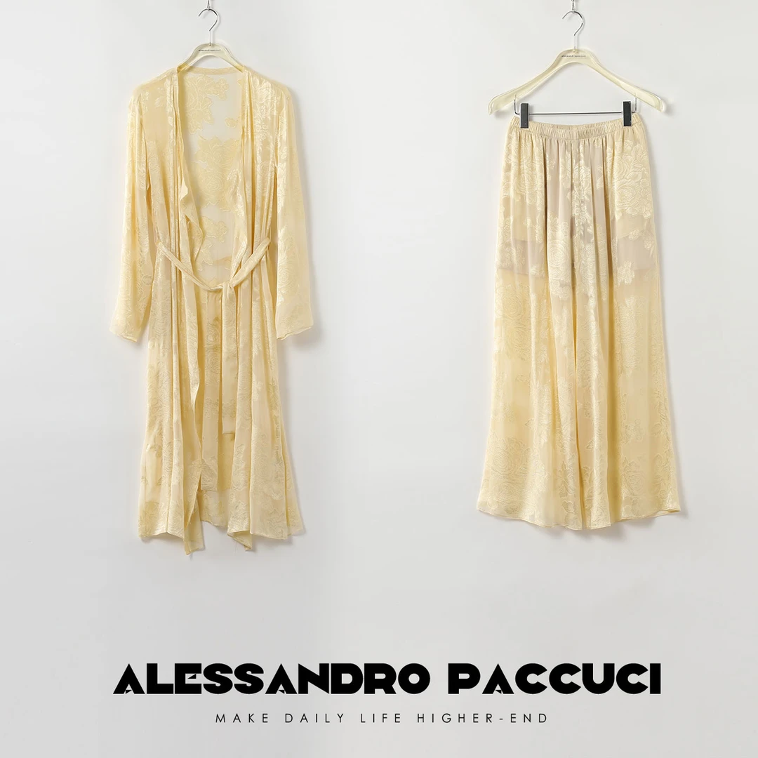 AP洛哥26880X【栀子】桑蚕丝提花纯色微透慵懒宽松长袍外套/休闲裤