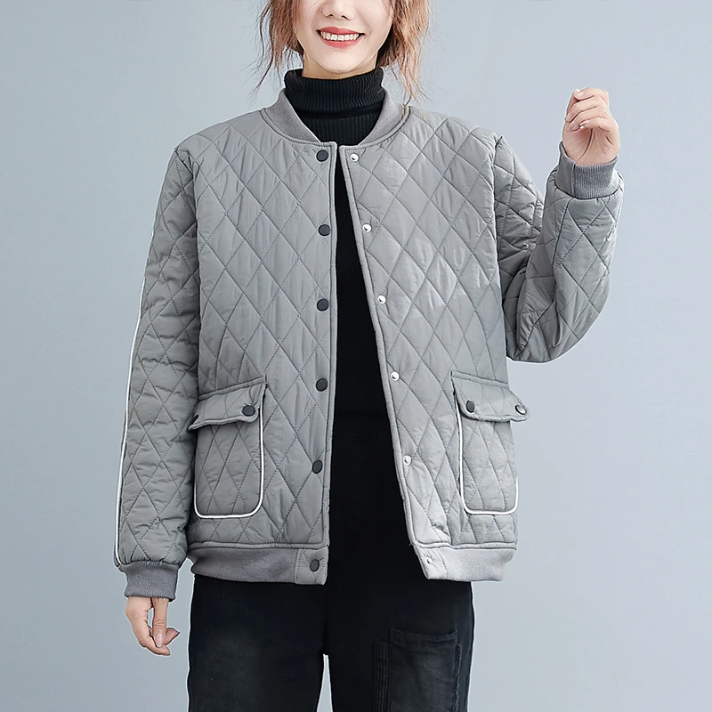 灰色菱形棉服棒球服女2025冬季韩版文艺气质百搭保暖长袖棉衣外套