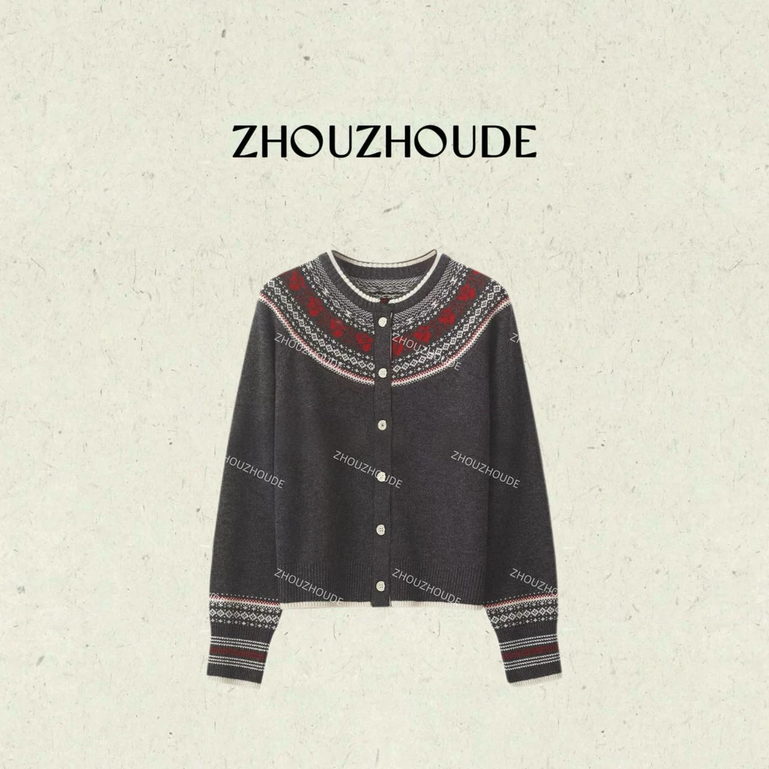 ZHOUZHOUDE【北欧诗集】进口羊毛慵懒风费尔岛提花撞色毛衣开衫