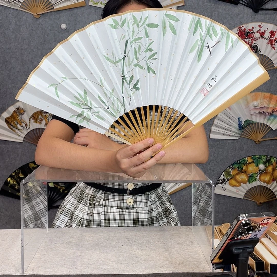 国画95寸水磨玉竹纯手绘-文玩扇骨（默认粘好）