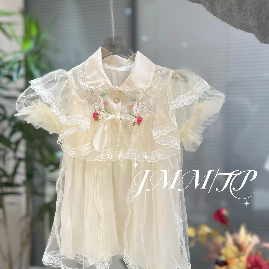 夏单品-新中式裙G023 女童衬衫夏季洋气刺绣花边蕾丝上衣宝宝短袖