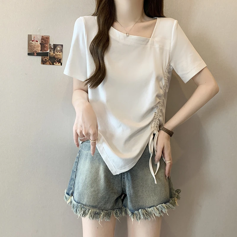 大码斜领正肩短袖T恤女夏季胖妹妹气质显瘦抽绳设计感不规则上衣