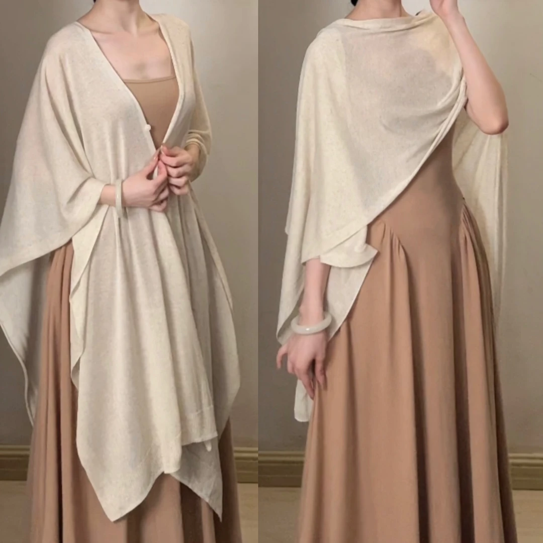 望江月新款莱赛尔亚麻一片式老钱风披肩开衫上衣