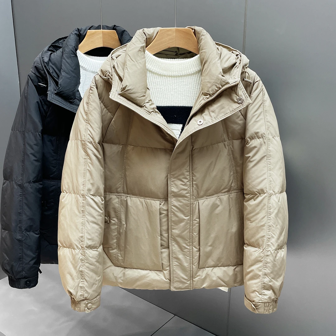 秋冬时尚保暖白鸭绒男士面包羽绒服潮流纯色简约百搭连帽男士外套