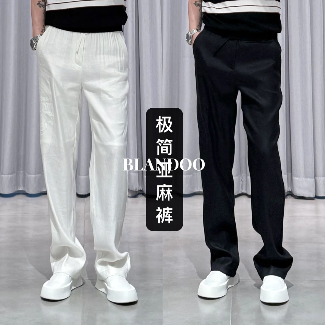 BLANDOO“慵懒老钱” 宽松直筒亲肤亚麻休闲裤9BD6150