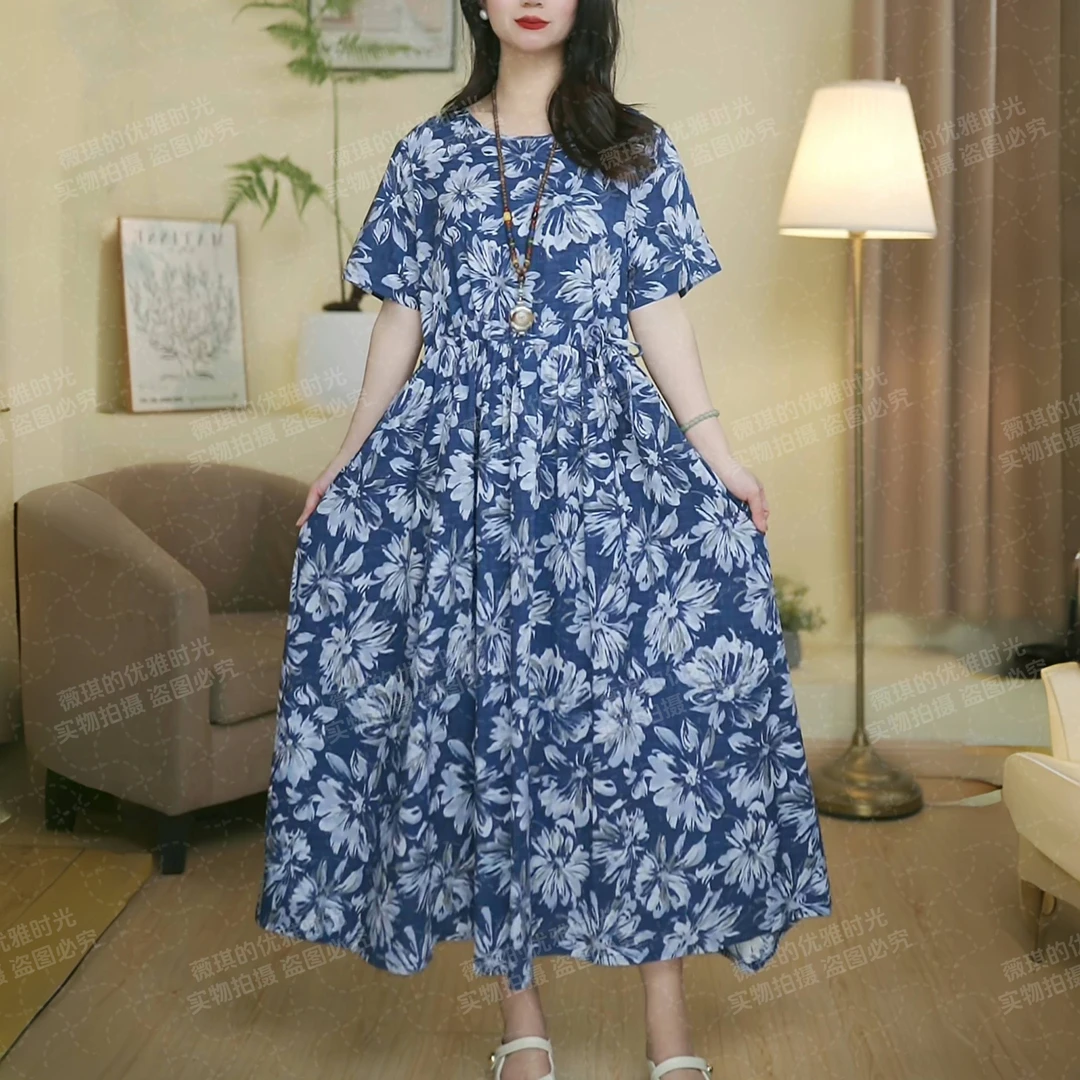 【月蓝花影】短袖连衣裙花裙夏季大码宽松印花碎花复古裙子带抽绳