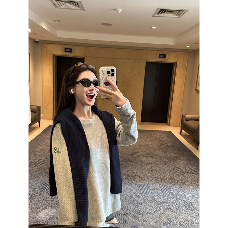 【网球俱乐部】华夫格长袖上衣女早秋季新款灰色外穿打底衫内搭T恤