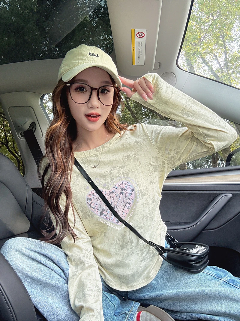 拼接褶皱扎染收腰长袖T恤女早秋季新款洋气减龄修身显瘦遮肉上衣