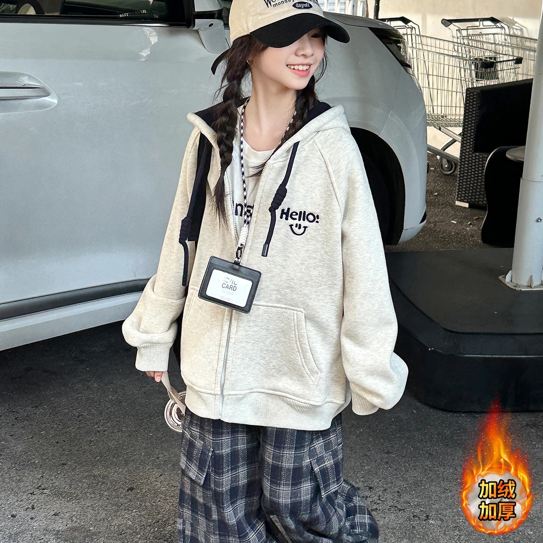 女大童夹棉外套加厚洋气连帽拉链衫青少年初高中生保暖棉服棉袄衣