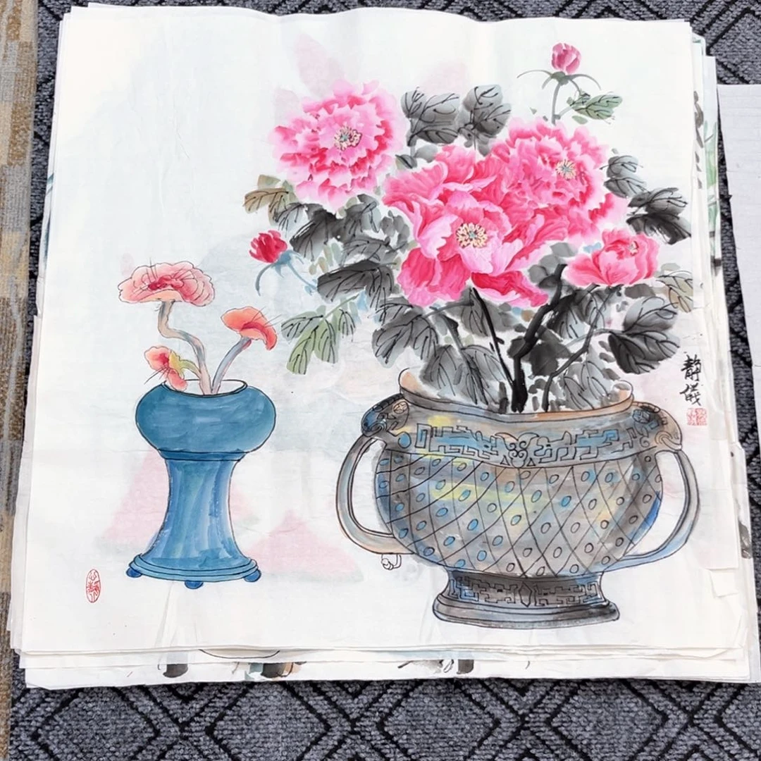 国画静怡老师四尺斗方花鸟作品赵