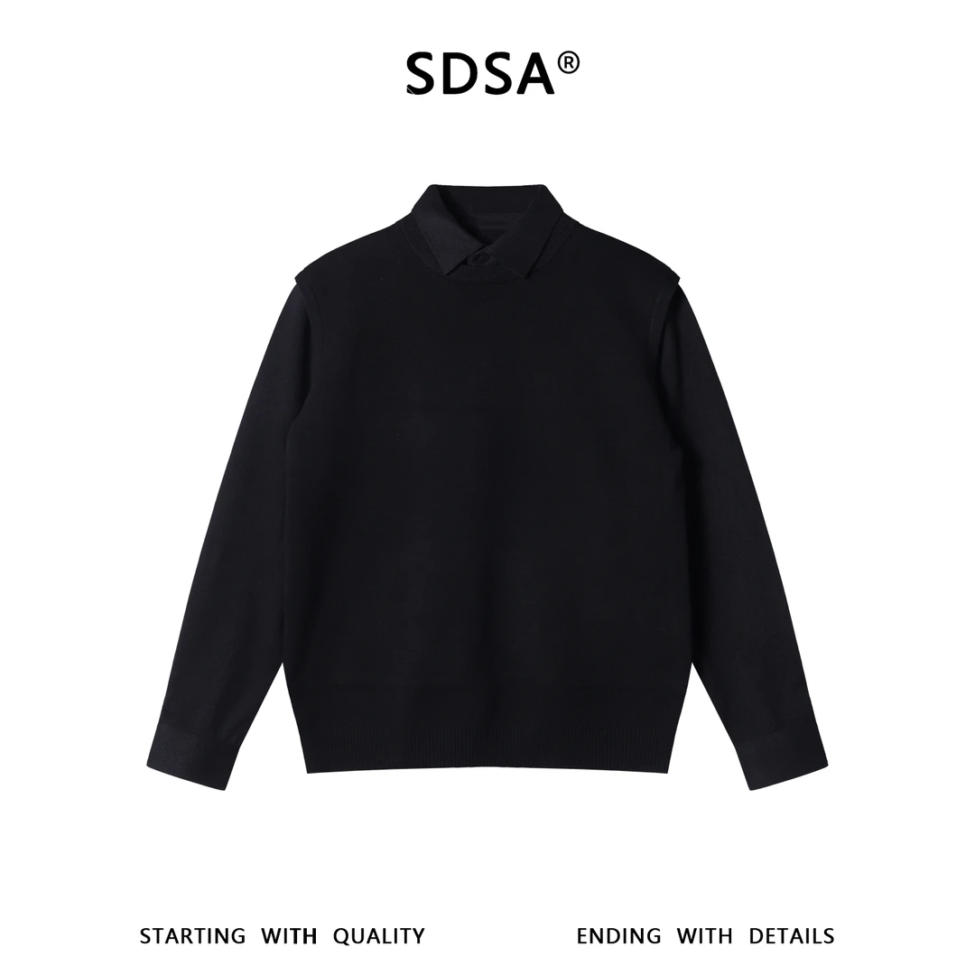 SDSA男士秋冬新款痞帅男装老钱风假两件翻领毛衣简约百搭针织衫