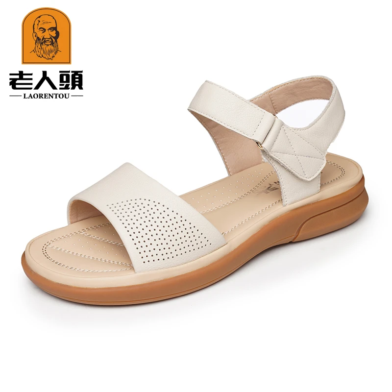 老人头运动凉鞋女夏年踩屎感平底魔术贴软底防滑沙滩鞋2390830