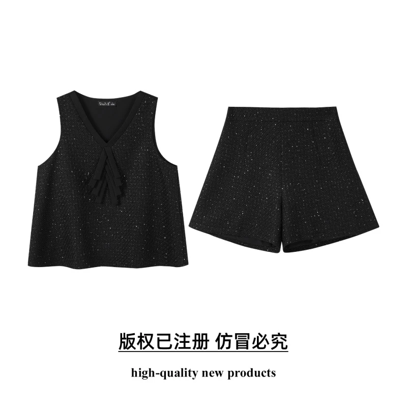 【SZ】大码女装2025秋季减龄亮片小香风两件套胖妹妹背心+裤套装