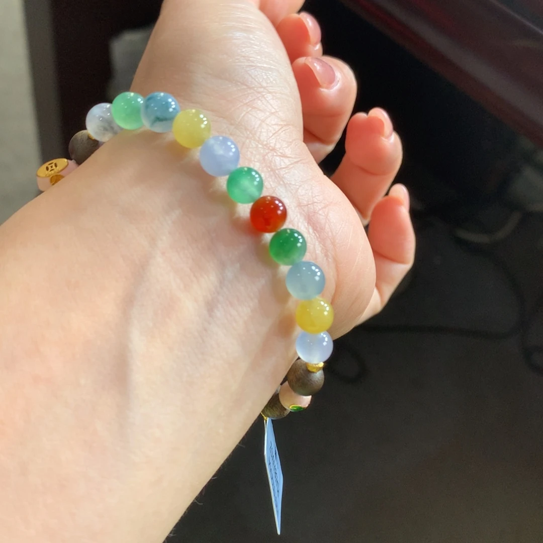 翡翠未镶嵌手链冰润浓色彩虹半串卡6.5-7